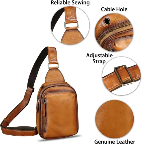 Vista 6 de LRTO Bolso bandolera pequeño de cuero genuino para mujeres y hombres, bolsa cruzada para el pecho, mochila para senderismo, deportes, viajes