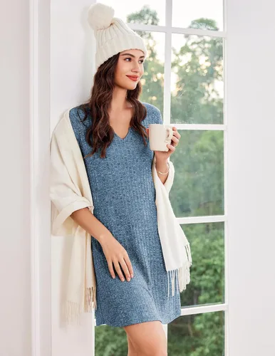 Vista 5 de Ekouaer Camisón de punto acanalado para mujer, camisón de manga corta con cuello en V