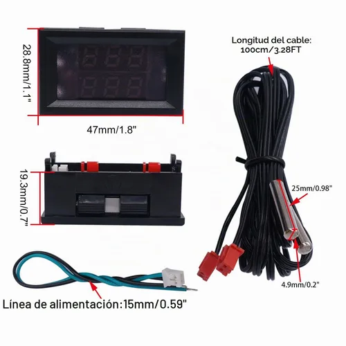 Vista 6 de Termómetro digital weideer, pantalla LED dual, Fahrenheit a Centígrado, ajustable DC 4-28V, -67~+248℉/-55～+120℃, sensor de temperatura de alta