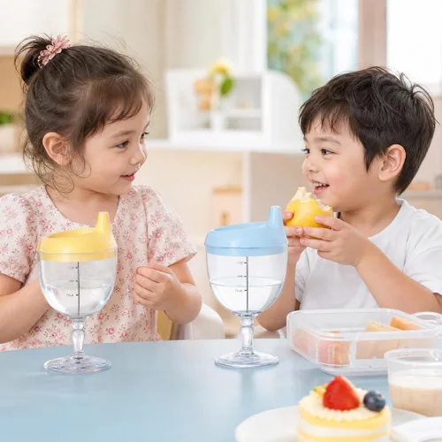 Vista 7 de Goaste Paquete de 4 vasos para beber vino para bebé, copas de plástico estilo copa con tapas, tazas de bebidas para niños de 6.7 onzas para jugo