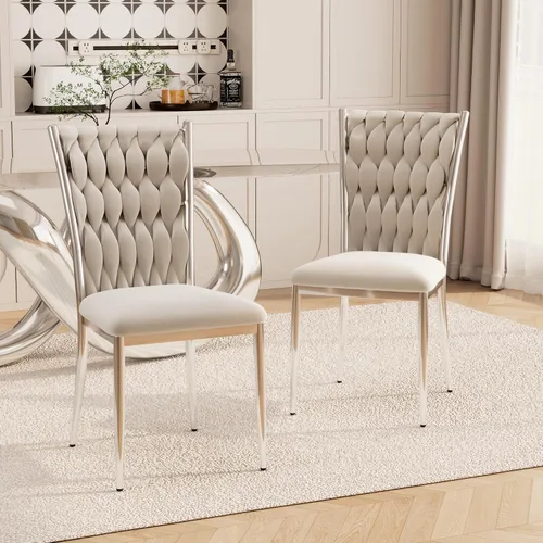Vista 35 de Juego de 2 sillas de comedor de terciopelo, modernas sillas de cocina tejidas con patas de metal dorado, cojín tapizado con respaldo alto