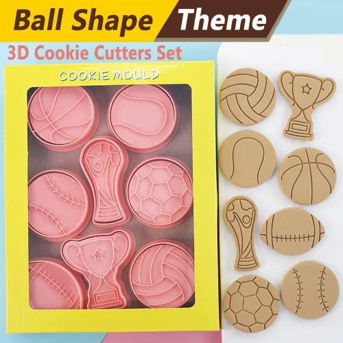 Vista 6 de Juego de cortadores de galletas con forma de bola, 8 piezas de fútbol 3D, baloncesto, béisbol, voleibol, fútbol, tenis, cortadores de galletas