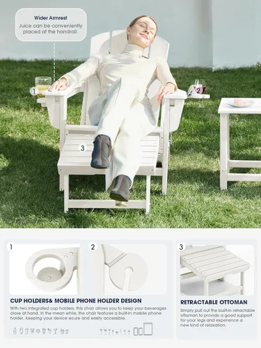 Vista 4 de KINGYES Silla Adirondack plegable ajustable con otomana y 2 portavasos, silla reclinable Adirondack de polietileno de alta densidad con reposapiés