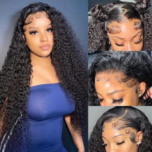 Vista 19 de Pelucas con malla frontal de onda profunda 13x4, cabello humano pre-sacado, 180% de densidad, 9A, sin pegamento, pelucas de cabello humano mojadas