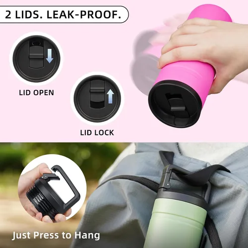 Vista 6 de BJPKPK - Botella de agua aislada con 2 tapas, vaso/taza de viaje de acero inoxidable de 20 onzas con aislamiento al vacío de doble pared, taza