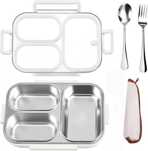 Vista 10 de Kit de lonchera de acero inoxidable 18/8 de 25 onzas (caja de bento + tenedor/cuchara), 3 compartimentos a prueba de fugas, caja de aperitivos