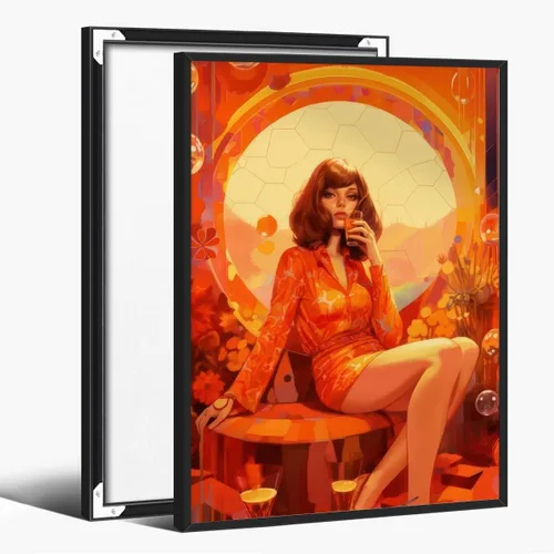 Vista 30 de WLZWD Retro Funky 70s style woman at a Party art Print Cocktails Disco Ball Wall Art Vintage Trendy Female Portrait Art Poster Warm Colour Palette