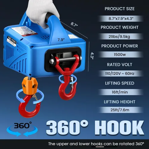 Vista 5 de NEWTRY Polipasto eléctrico de 1100 lb con control remoto inalámbrico de 110/120 voltios, polipasto eléctrico portátil de potencia 16 pies/min
