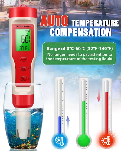 Vista 7 de Medidor de pH 4 en 1, medidor de pH para agua, probador digital de pH 0.01 de alta precisión con rango de medición de pH 0-14, temperatura de pH TDS