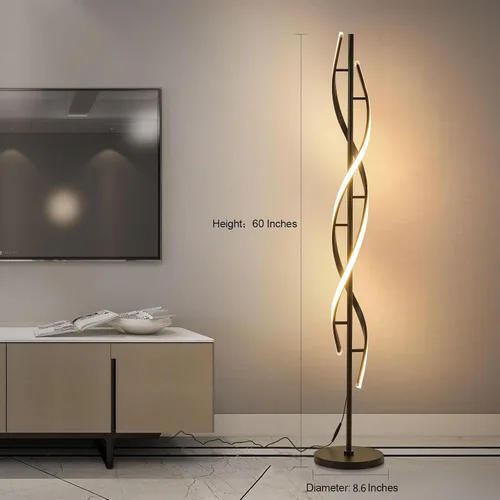 Vista 3 de Lámpara de Pie LED Espiral para Dormitorio, Lámparas de Pie Modernas con Control Remoto de 60 Pulgadas Regulable Lámpara de Pie Negra de 48W Lámpara