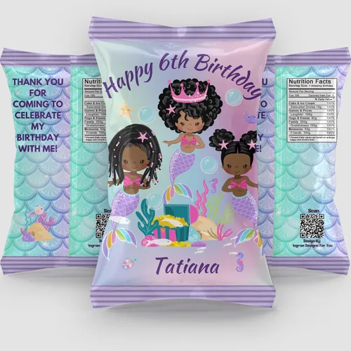 Vista 5 de Recuerdo de fiesta personalizado de sirena negra, suministros de fiesta de sirena para fiesta de cumpleaños de niña (12 bolsas de papas fritas)