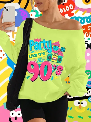 Vista 3 de MNLYBABY Traje de los años 80 para mujer, camiseta de discoteca con hombros descubiertos, estilo vintage de los años 80, neón "I Love The 80's Top