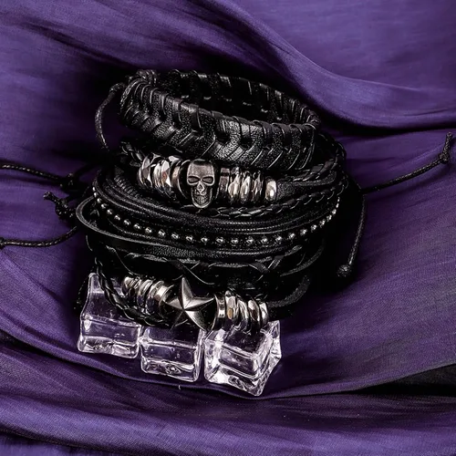 Vista 4 de MILAKOO Pulseras de cuero trenzado de piel sintética punk gótico punk esqueleto accesorios para hombres mujeres Rock n Roll decoración de fiesta