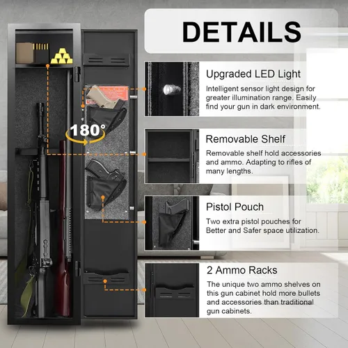 Vista 5 de Marcree Caja fuerte para armas 1-2, gabinete de armas para rifles y pistolas con sistema de alarma, acceso rápido de 180°, caja fuerte digital