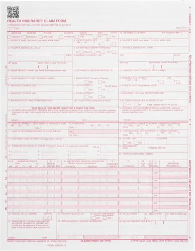 Vista 2 de Formularios de reclamación 100 CMS 1500, HCFA actual 02/2012 Nueva versión válida para formularios de reclamación HCFA 1500, alineación con software