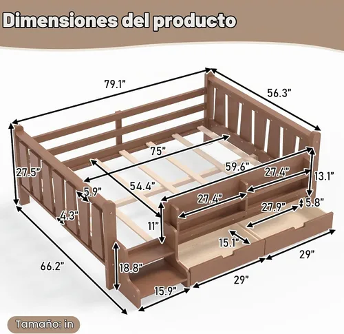 Vista 2 de Cama Montessori de tamaño matrimonial con estantería, cajones de Natural