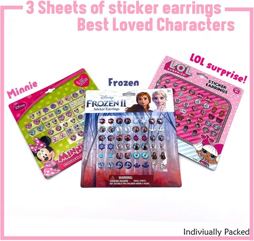 Vista 3 de Granshop Disney Frozen Minnie LOL - Aretes adhesivos de personajes 3D coloridos para niños, 144 piezas