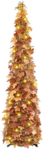 Vista 11 de MACTING Árbol de Navidad desplegable con 50 luces LED con temporizador, 5 pies, árbol de lápiz de oropel plegable de fácil montaje, árbol artificial