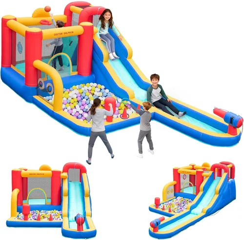 Vista 8 de Doctor Dolphin Casa de rebote de agua, parque inflable de tobogán acuático para niños, patio trasero, diversión al aire libre de verano con pistola