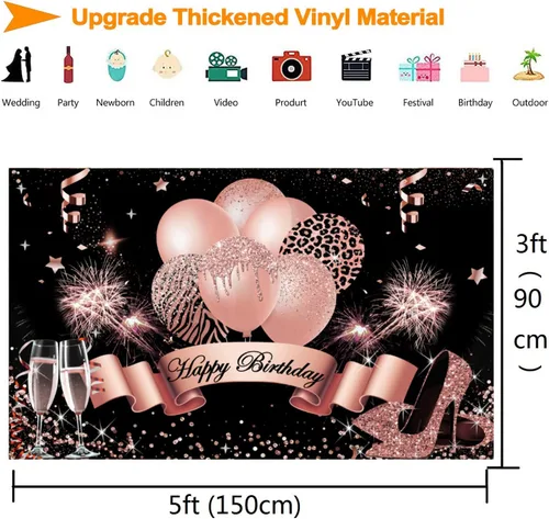 Vista 5 de InMemory Telón de fondo de cumpleaños de oro rosa para mujeres y niñas, fondo de fotografía de feliz cumpleaños, globos con purpurina, tacones