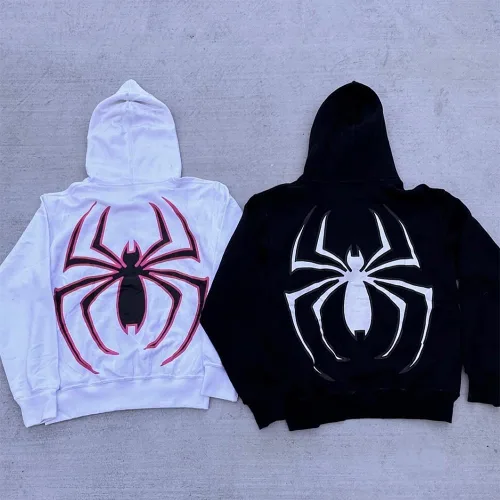 Vista 7 de Sudadera con capucha y cremallera completa con estampado de araña, estampado de araña Y2k, sudadera con capucha con estampado de letras y letras