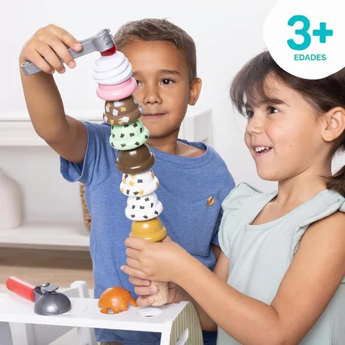 Vista 6 de Melissa & Doug - Encimera de helados de madera con cuchara para servir, juego de tienda de simulación, 28 accesorios de comida y cocina de juguete