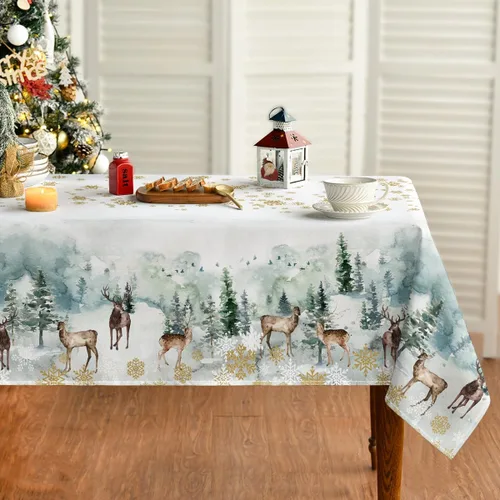 Vista 7 de Horaldaily Mantel de Navidad redondo de 60 x 60 pulgadas, ciervos nevados dorados, cubierta de mesa lavable para decoración de fiestas, pícnic, cenas