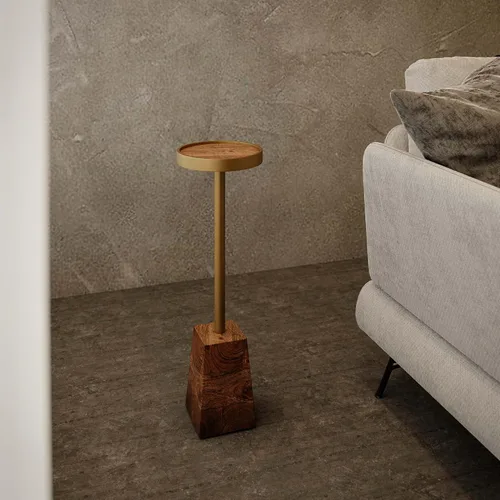 Vista 6 de Maya - Mesa decorativa redonda pequeña en metal sólido y madera, 8 x 8 x 25 pulgadas