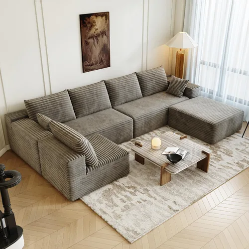 Vista 13 de Sofá modular modular de 139.4 pulgadas, sofás minimalistas en forma de L con diván de asiento medio, moderno sofá convertible de asiento profundo