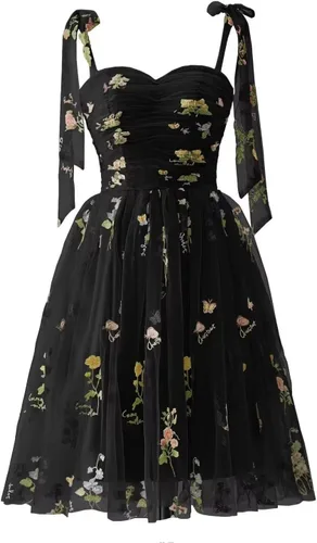 Vista 13 de Fivsole Vestido corto con bordado de flores para adolescentes, vestido de tul con tirantes delgados, mini formal, cóctel, fiesta de noche, vestidos
