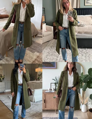 Vista 4 de Bankeng Chaqueta de solapa de doble botonadura con muesca para mujer, mezcla de lana de camello Verde Armada (ArmyGreen)