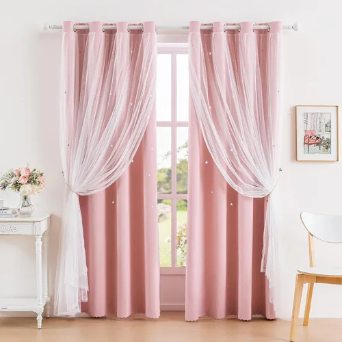 Vista 17 de Anytime - Cortinas para dormitorio de niñas con estrella hueca, cortinas opacas para habitación de niños, cortinas largas para oscurecer