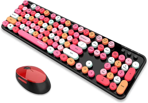 Vista 9 de Combo de teclado y mouse inalámbricos, teclado retro estilo máquina de escribir con teclas redondas, conexión de 2.4 GHz libre de caídas, mouse