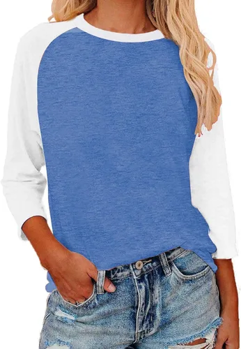 Vista 22 de Camisas de manga 3/4 para mujer, camisetas de verano con cuello redondo, camisetas básicas sueltas de mezcla de algodón para mujer