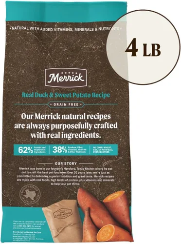 Vista 6 de Merrick - Alimento seco para perros, receta de pato real y batata libre de granos, 4 libras, en bolsa