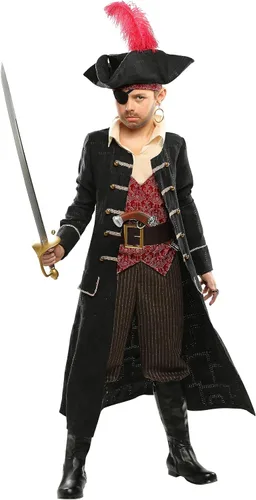 Vista 2 de Disfraz de capitán de barco pirata para niño, chaqueta negra de bucanero feroz traje de Halloween