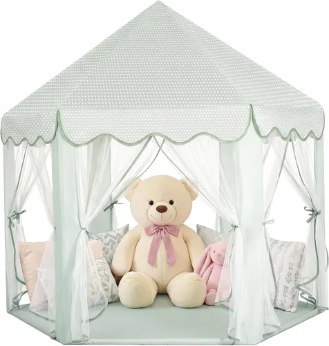 Vista 9 de Sumbababy - Tienda de campaña de castillo de princesa para niñas, de juego, hexagonal, azul, con luces de estrella de hadas, juguetes para niños