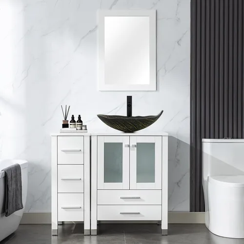 Vista 23 de LUCKWIND 36" Bathroom Vanity Combo with Sink, 24"+12.6" Width, Painted Bathroom Storage Cabinet with 5 Drawers, Including Tempered Glass Round