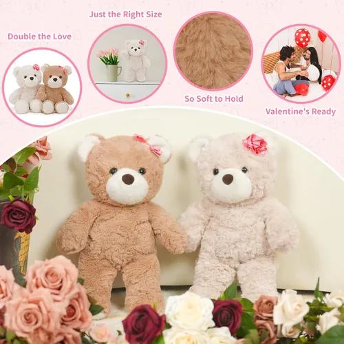 Vista 4 de Muiteiur Paquete de 2 osos de peluche a granel, juego de oso de peluche de 13.8 pulgadas con rosa rosa y lazo, sin boca, animales de peluche suaves