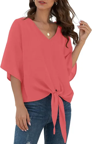 Vista 31 de VIISHOW Womens Tie Front Chiffon Blouses V Neck Batwing Short Sleeve Summer Tops Shirts Albaricoque