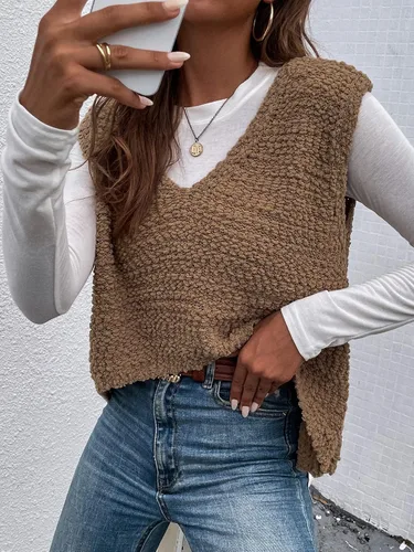 Vista 5 de Floerns Chaleco de punto vintage con cuello en V y dobladillo bajo en la espalda para mujer