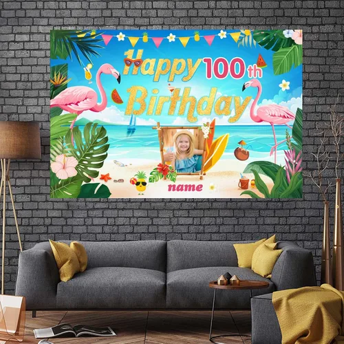 Vista 7 de Cartel de decoración de feliz cumpleaños número 100 personalizable con flamencos, playa, trópicos, Hawái y tema de verano, tamaños grandes