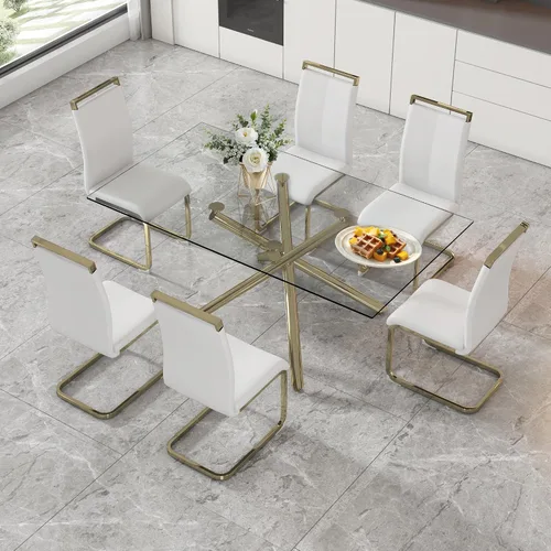 Vista 39 de Juego de 6 mesas de comedor de cristal, moderno juego de mesa de comedor de vidrio templado rectangular transparente de 71 pulgadas y 6 sillas