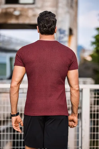 Vista 3 de COOFANDY Camisetas musculares elásticas de manga corta con cuello redondo para hombre