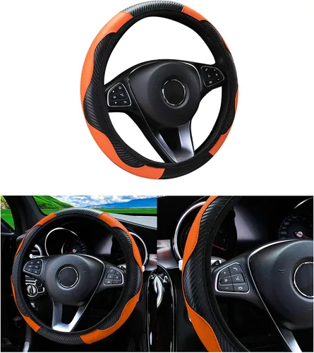 Vista 7 de Funda de volante de coche, 38 cm, de fibra de carbono, de microfibra, de PU, de cuero elástico, protector de volante antideslizante y transpirable