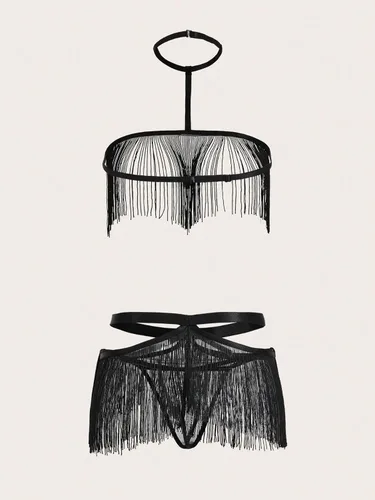 Vista 2 de GORGLITTER Conjunto de lencería transparente de 2 piezas para mujer, brasier y tangas con flecos y gargantilla