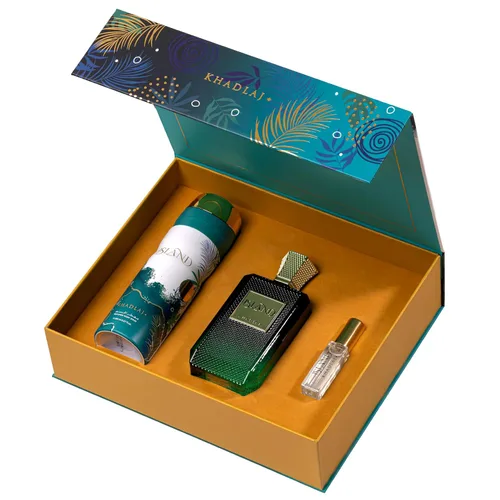 Vista 2 de Khadlaj Island - Juego de regalo de 3 piezas unisex (3.4 oz Extrait de Parfum Spray + 6.8 oz Desodorante Spray + Spray de Viaje de 0.27 oz)