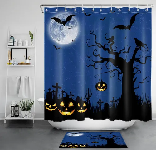 Vista 6 de EOBTAIN Cortina de ducha de cielo nocturno azul de Halloween para baño, espeluznante calabaza y murciélago en árbol muerto en cementerio aterrador