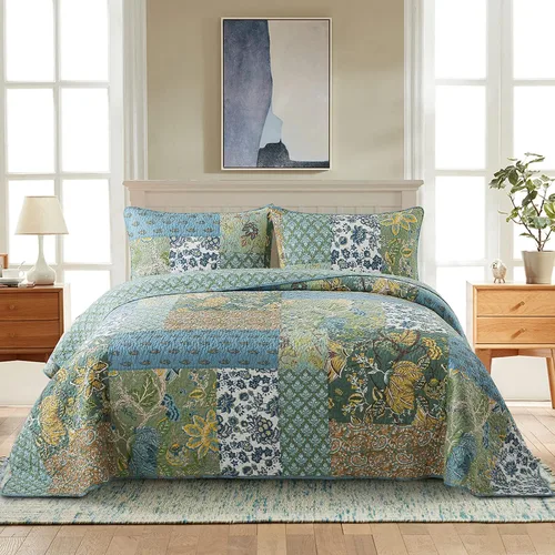 Vista 25 de NEWLAKE Juego de colchas tamaño queen, conjunto de colcha de algodón con diseño de retazos en colores azul y negro con patrones a cuadros, colcha
