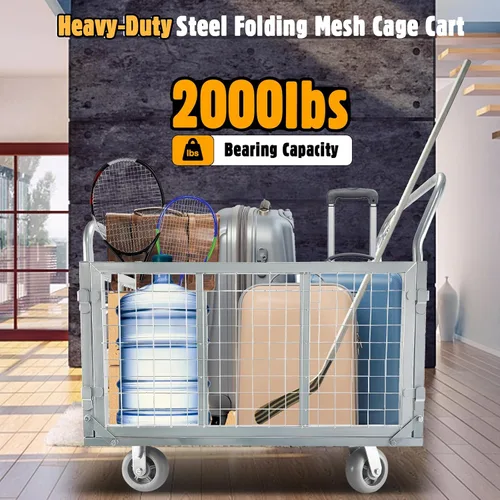 Vista 6 de Carrito de Plataforma con Jaula, Multiusos 6 en 1 Plegable Carrito de Plataforma Plana Carrito de Empuje Resistente Diablito con Ruedas Giratorias